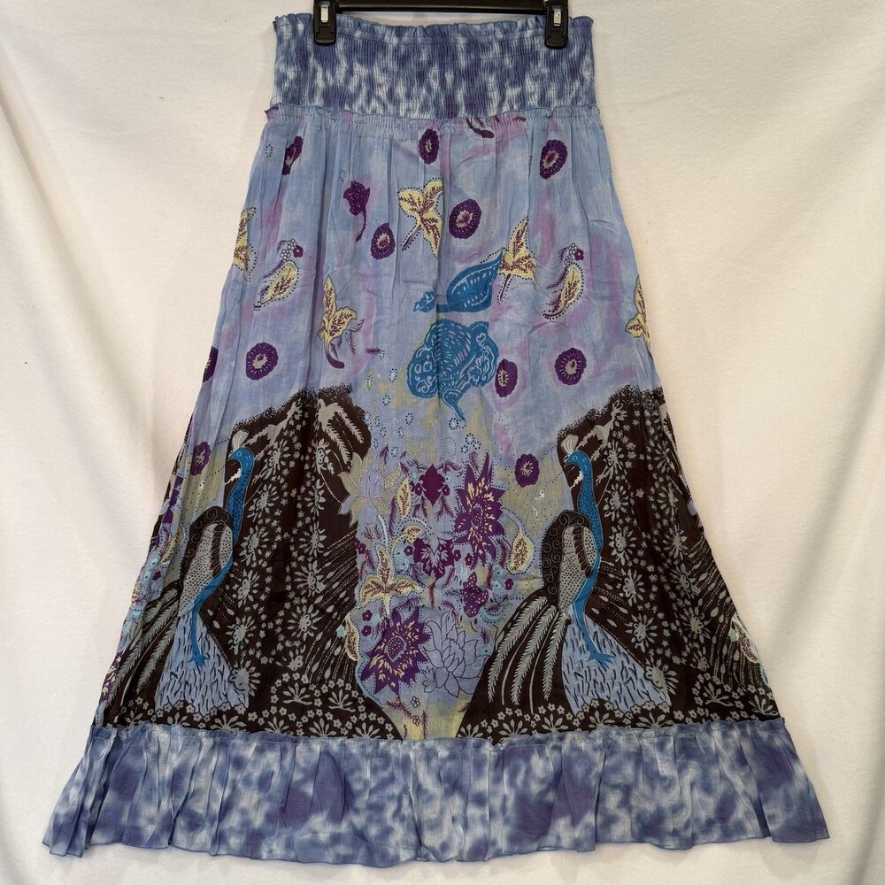 Boho Peacock Print Maxi Skirt Blue Purple Smocked Waist Tiered Flowy Women’s L